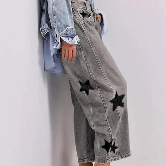 Night Sky Grey/Black Contrasting Stars Baggy Barrel Cut Boyfriend Jeans Pants - Picture 2 of 7